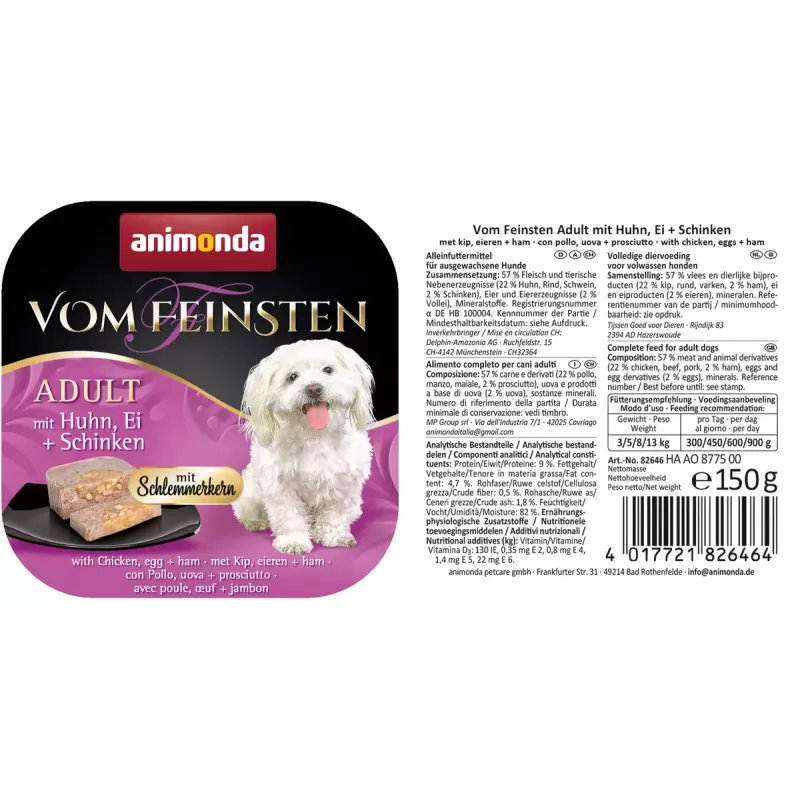 Märg koeratoit animonda Vom Feinsten Gourmet Core — Kana, muna ja sink, 150 g alusel, teraviljavaba, täiskasvanud väikest tõugu koertele (5–10 kg)