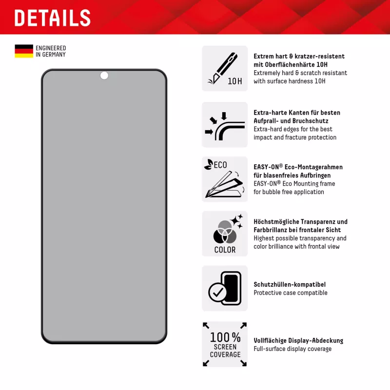 Displex Privacy ekraanikaitse (10H) Samsung Galaxy S22/S23 jaoks, Eco kinnitusraam, privaatsusfilter