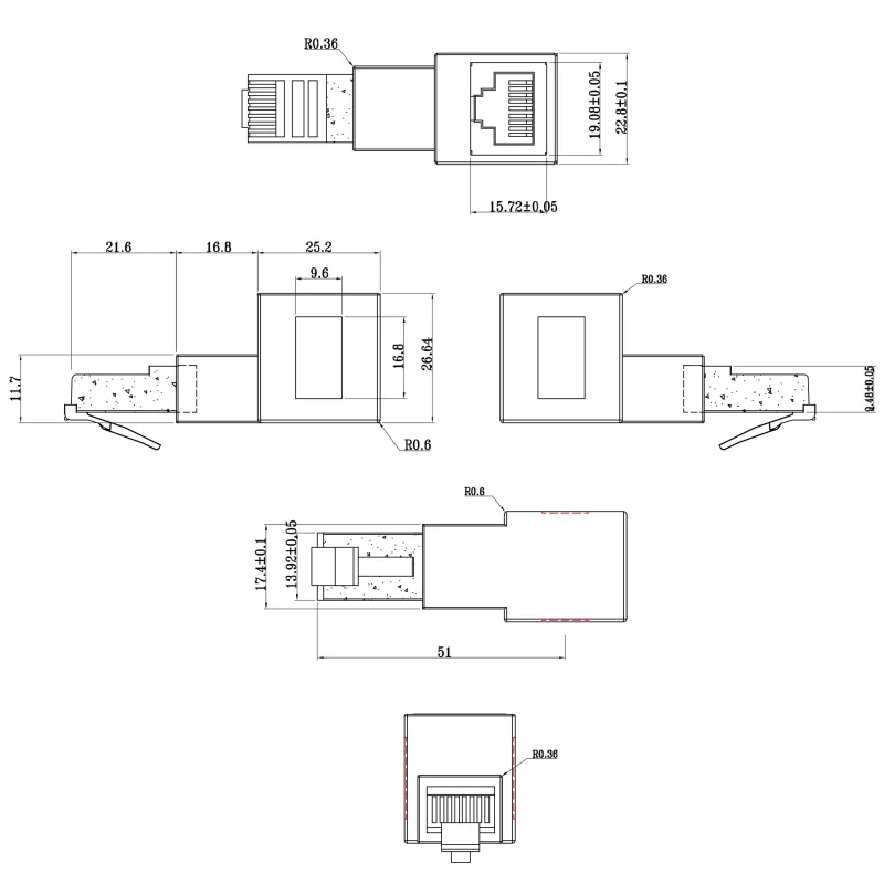 InLine plaastrijuhtme adapter Cat.6A, RJ45 isane / emane, 90° allapoole nurga all