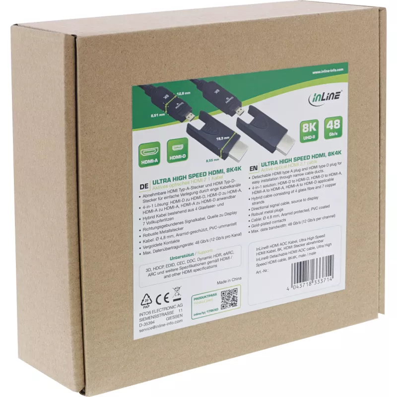 InLine HDMI AOC kaabel, ülikiire HDMI, 8K4K, eemaldatav pistik, 20m