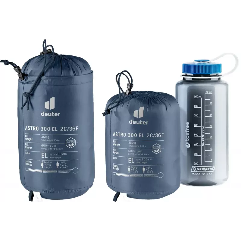 Muumiakujuline magamiskott DEUTER Astro 300 EL +2 °C/36 °F — maksimaalne kasutaja pikkus 200 cm, laius 790 mm, sügavus 520 mm, Ripstop sinine