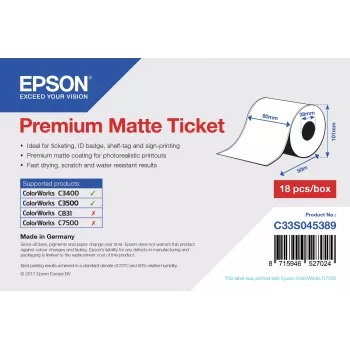 Epson Premium Matte Ticket - Rull: 80mm x 50m, Matt, 107 g/m², 1 tk, 107 mm, 108 mm, 89 mm