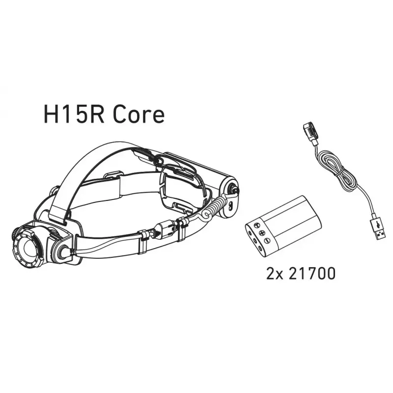Pealamp Led Lenser H15R Core — peapaelaga LED-taskulamp, 2500 lm, 21700 aku, IP67, 250 m valgusvihu kaugus, 4 võimsustaset, alumiinium, must