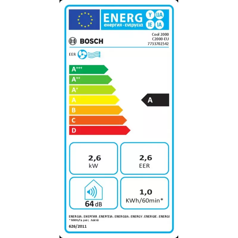 Portable air conditioner Bosch Cool 2000 — Valge, A class, 1 kWh/h, R290, up to 88 m³