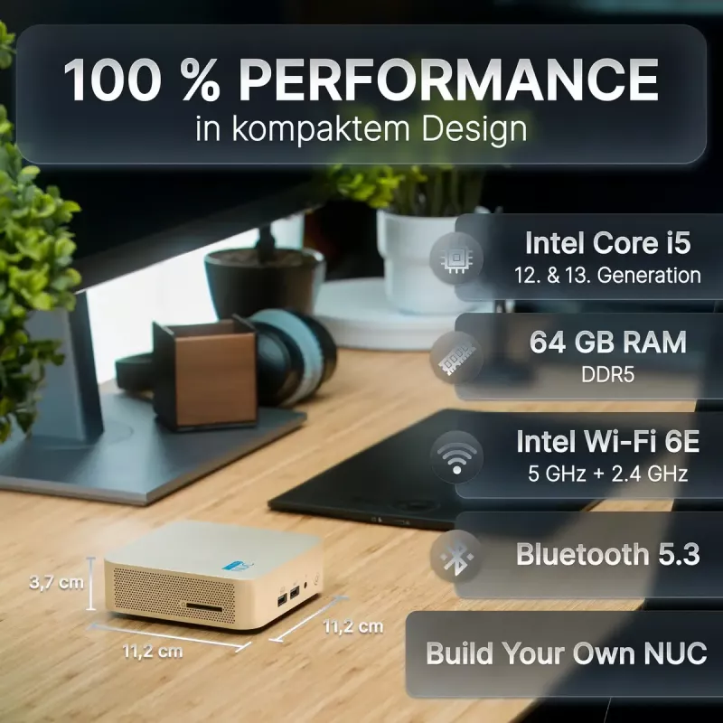 Mini PC FutureNUC Lux NUC 13i5HL – Intel Core i5-13420H, 16 GB DDR4, 512 GB SSD, Intel Iris Xe, Windows 11 Pro, kuldne