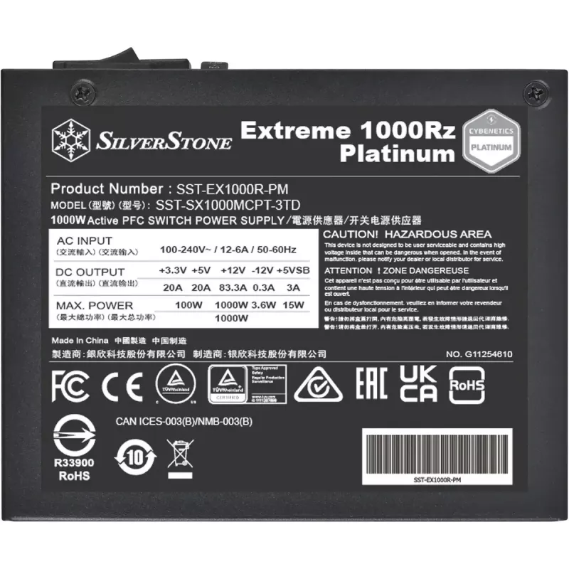 Silverstone Technology Extreme 1000Rz Platinum (must, 2x 12-kontaktiline suure võimsusega GPU, 8x PCIe, kaablihaldus, 1000 vatti)