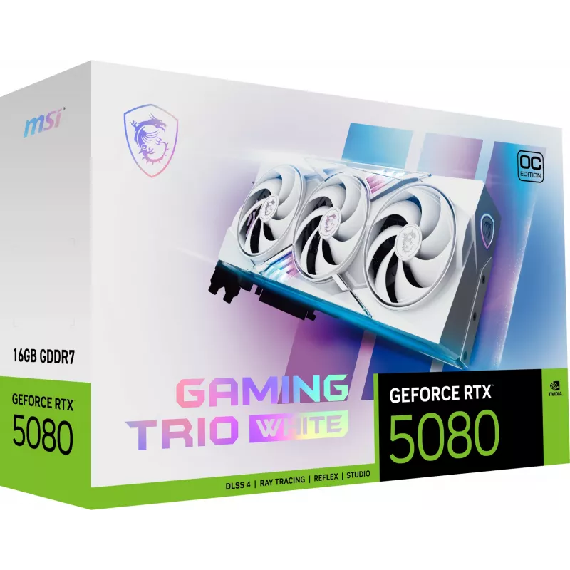 Graafikakaart MSI GeForce RTX 5080 16 GB GDDR7, PCIe 5.0, 256-bit, 3xDP 2.1a + HDMI 2.1b, 360W, 3 ventilaatorit, valge
