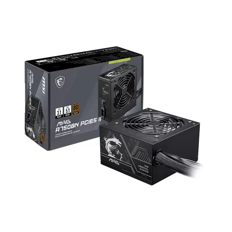 Toiteplokk MSI MAG A750BN PCIE5 II 750 W, 24‑pin ATX, mittemodulaarne, 80 PLUS Bronze, 120 mm ventilaator, must