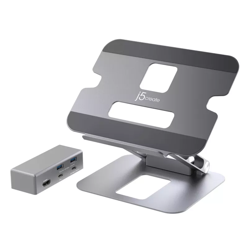 j5create JTS327 Multi-Angle 4K Docking Stand, sülearvuti alus, hall, alumiinium, 40,6 cm (16 tolli), 4 kg, Windows sülearvuti / Mac