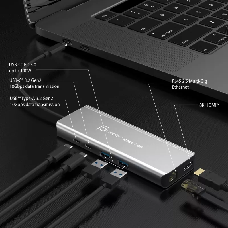 j5create JCD403 USB4 8K mitme pordiga jaotur USB-C HDMI RJ-45