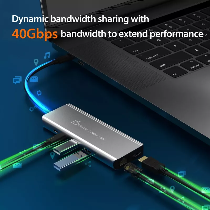 j5create JCD403 USB4 8K mitme pordiga jaotur USB-C HDMI RJ-45