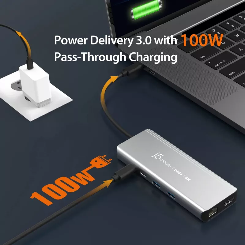 j5create JCD403 USB4 8K mitme pordiga jaotur USB-C HDMI RJ-45