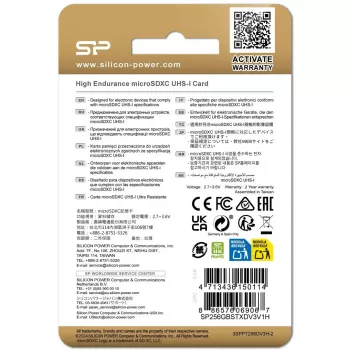 MicroSDXC-kaart Silicon Power SP256GBSTXDV3V1HSP 256 GB Class 10 High Endurance, 3,6 V, 0–70 °C