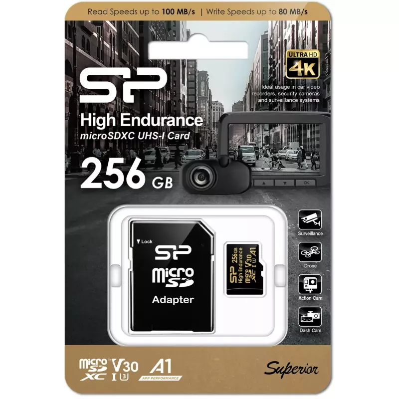 MicroSDXC-kaart Silicon Power SP256GBSTXDV3V1HSP 256 GB Class 10 High Endurance, 3,6 V, 0–70 °C