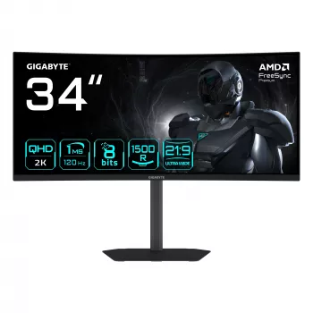 GIGABYTE GS34WQCA 34-tolline WQHD kumer mängurimonitor – 3440 x 1440, 1500R, 120 Hz, 1 ms, 300 cd/m², FreeSync Premium, HDR-valmidus, HDMI 2.0, DisplayPort 1.4