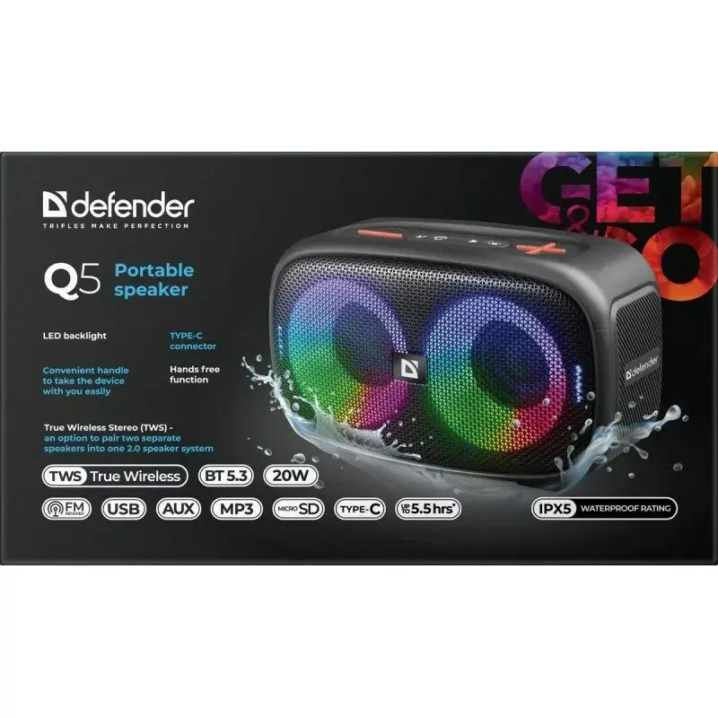 Defender Q5 stereoportatiivne Bluetooth-kõlar, 20 W, LED-valgustus, FM-raadio, TWS