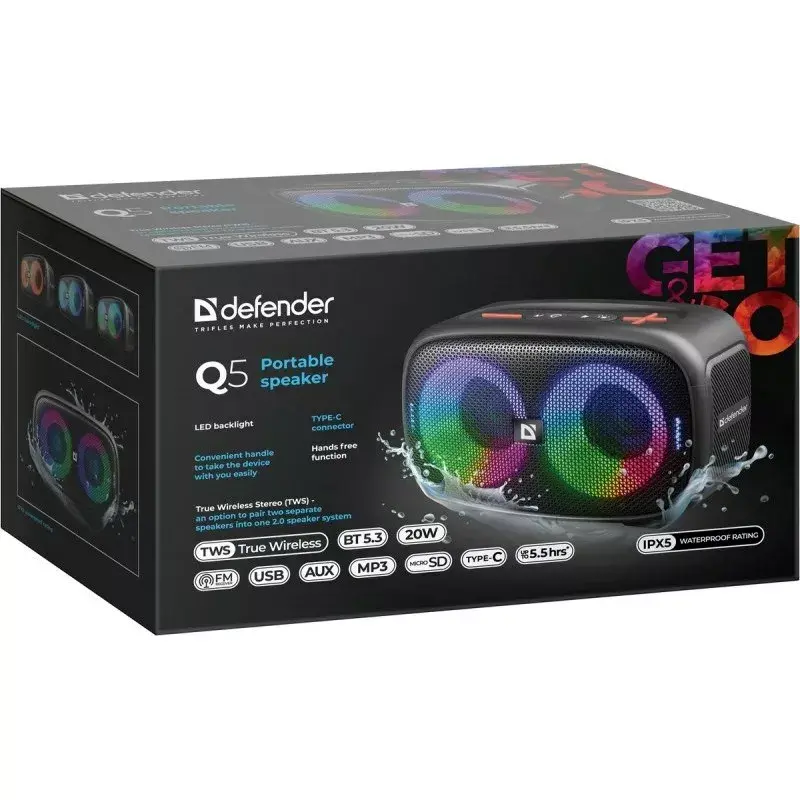 Defender Q5 stereoportatiivne Bluetooth-kõlar, 20 W, LED-valgustus, FM-raadio, TWS