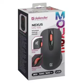 Juhtmevaba RF vaikne optiline hiir DEFENDER Nexus MS-195 — 1600 DPI, 2,4 GHz, nano USB, mõlemakäeline, 2×AAA, must