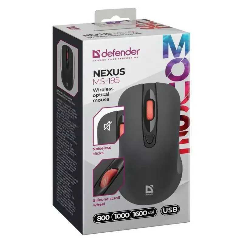 Juhtmevaba RF vaikne optiline hiir DEFENDER Nexus MS-195 — 1600 DPI, 2,4 GHz, nano USB, mõlemakäeline, 2×AAA, must