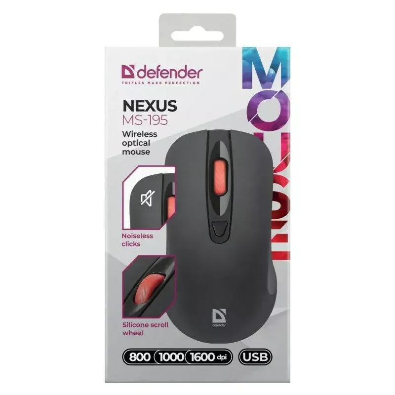 Juhtmevaba RF vaikne optiline hiir DEFENDER Nexus MS-195 — 1600 DPI, 2,4 GHz, nano USB, mõlemakäeline, 2×AAA, must