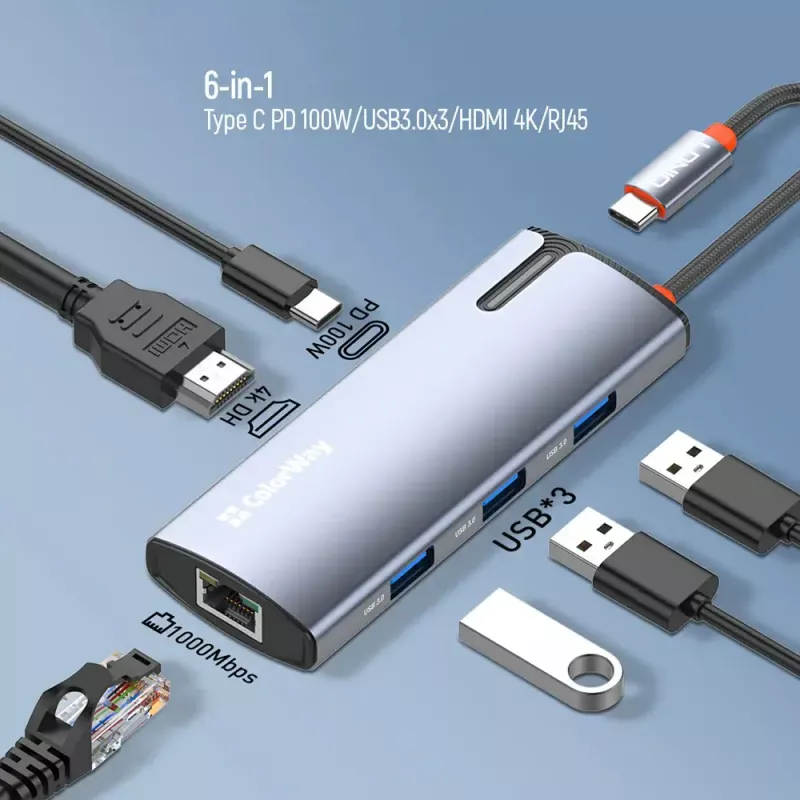 Dokkimisjaam ColorWay CW-HUB02 6-in-1 100W — mitme pordiga jaotur toiteedastusega