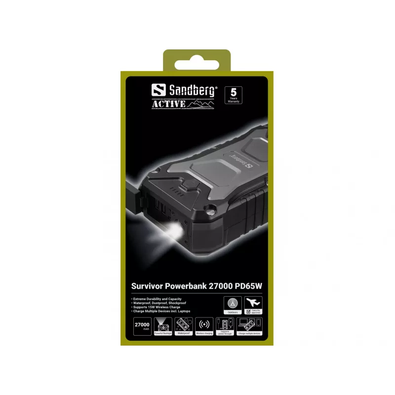 Sandberg Survivor Powerbank 27000 PD65W, 27000 mAh, Power Delivery, Quick Charge 3.0, juhtmevaba laadimine, must