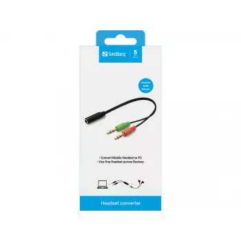 Sandberg Peakomplekti adapter (mobiil) arvutile, 2 x 3,5 mm, isane, 3,5 mm, emane, must
