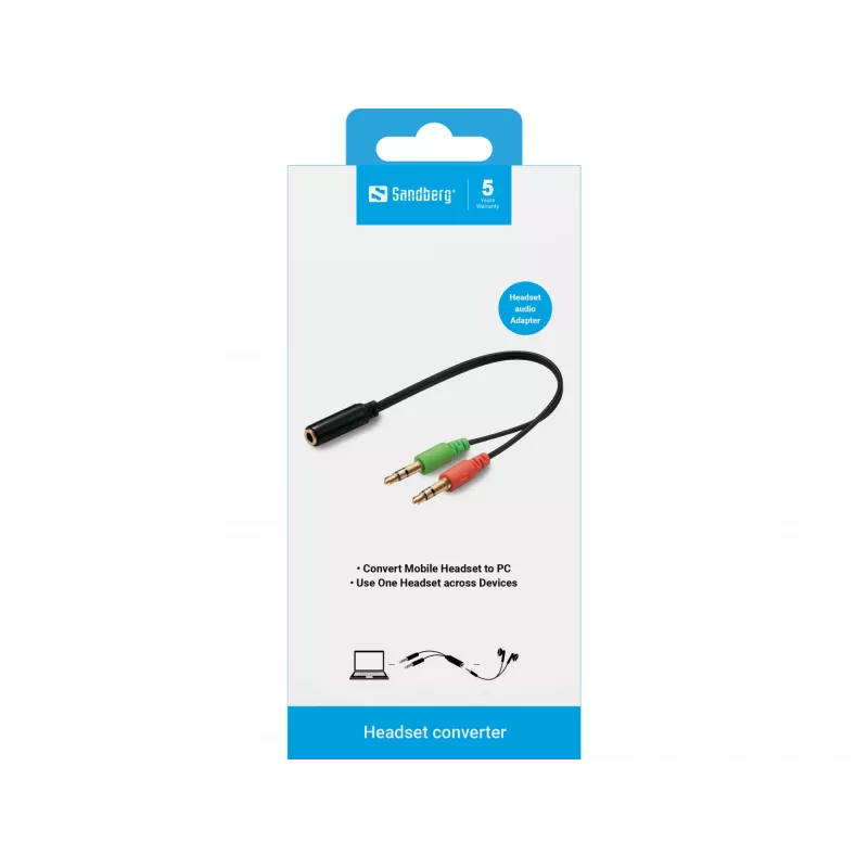 Sandberg Peakomplekti adapter (mobiil) arvutile, 2 x 3,5 mm, isane, 3,5 mm, emane, must