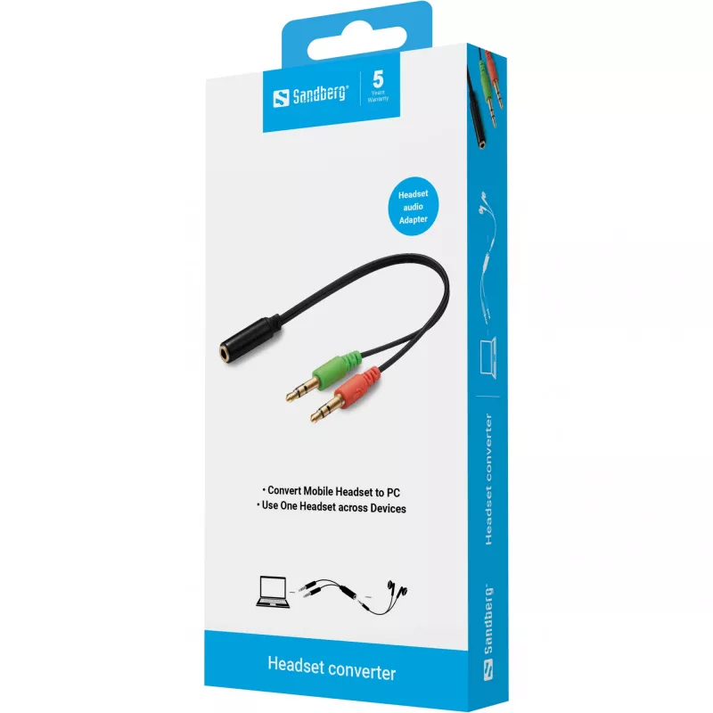 Sandberg Peakomplekti adapter (mobiil) arvutile, 2 x 3,5 mm, isane, 3,5 mm, emane, must