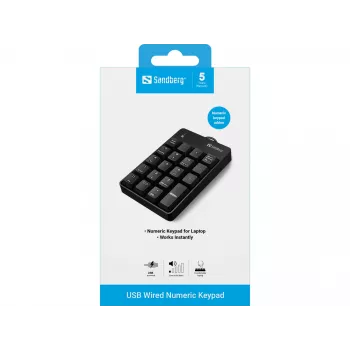 Sandberg USB-juhtmega numbriklaviatuur, USB, 19, Sülearvuti/PC, 1,5 m, Must