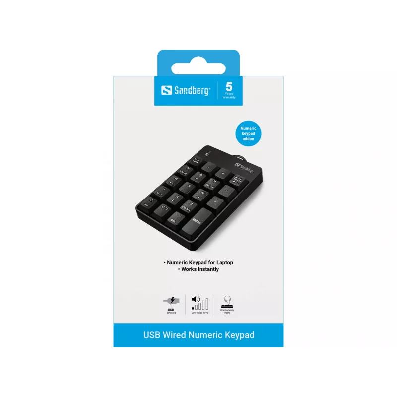 Sandberg USB-juhtmega numbriklaviatuur, USB, 19, Sülearvuti/PC, 1,5 m, Must