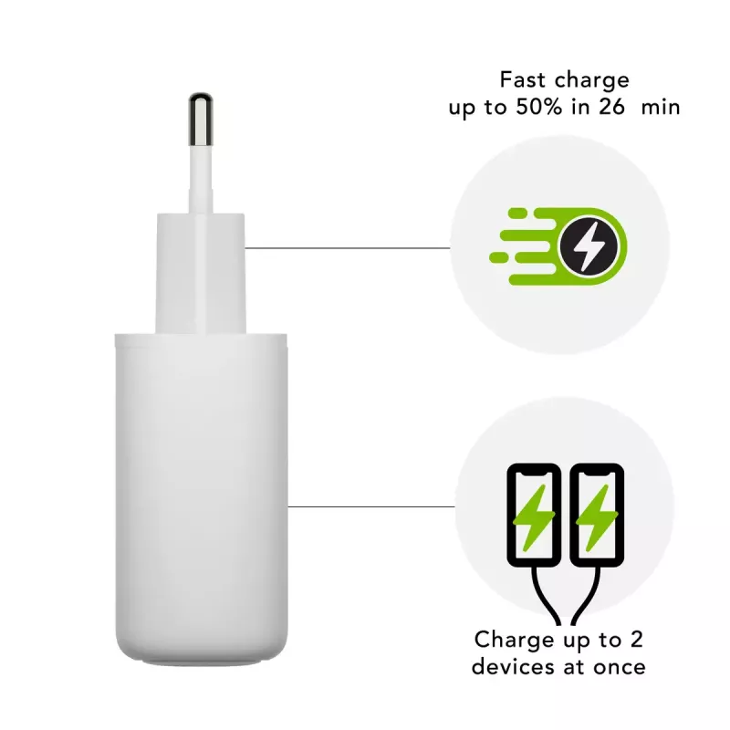 Seinalaadija d bramante re-charge Pro — 2× USB-C 25W, 110–240V, valge