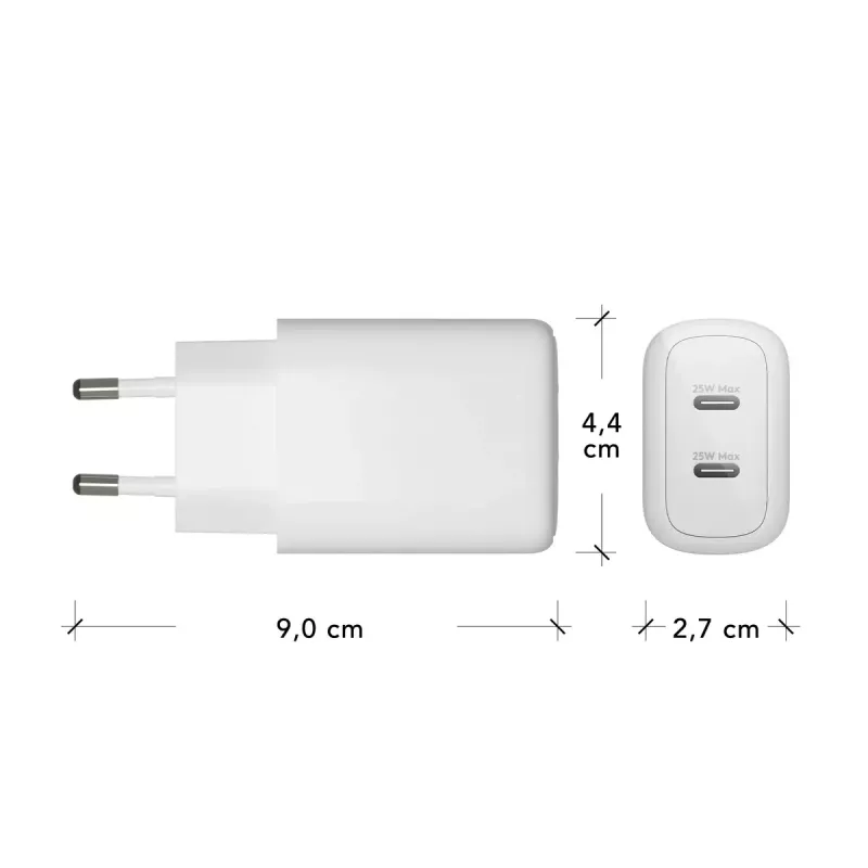 Seinalaadija d bramante re-charge Pro — 2× USB-C 25W, 110–240V, valge
