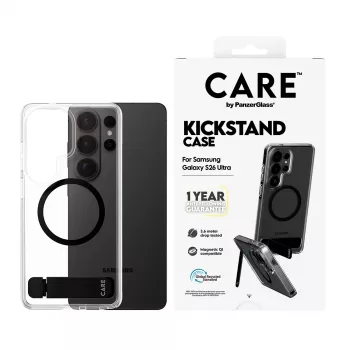 PanzerGlass CARE™ Urban Explorer-ümbris Samsung Galaxy S26 Ultra jaoks — Läbipaistev kate musta tugijala ja Qi toega