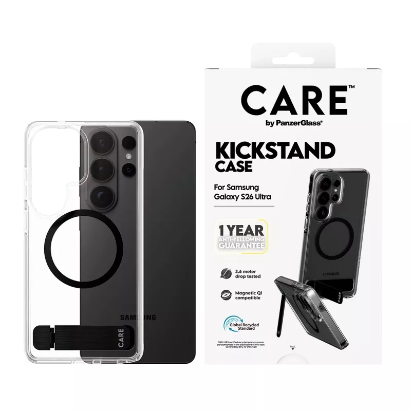 PanzerGlass CARE™ Urban Explorer-ümbris Samsung Galaxy S26 Ultra jaoks — Läbipaistev kate musta tugijala ja Qi toega
