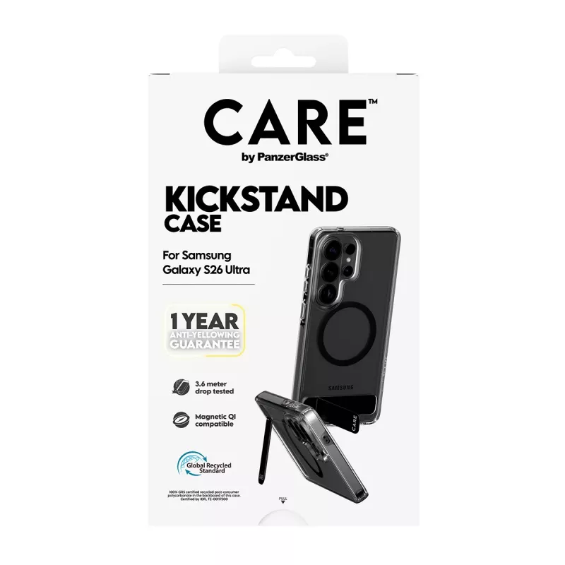 PanzerGlass CARE™ Urban Explorer-ümbris Samsung Galaxy S26 Ultra jaoks — Läbipaistev kate musta tugijala ja Qi toega