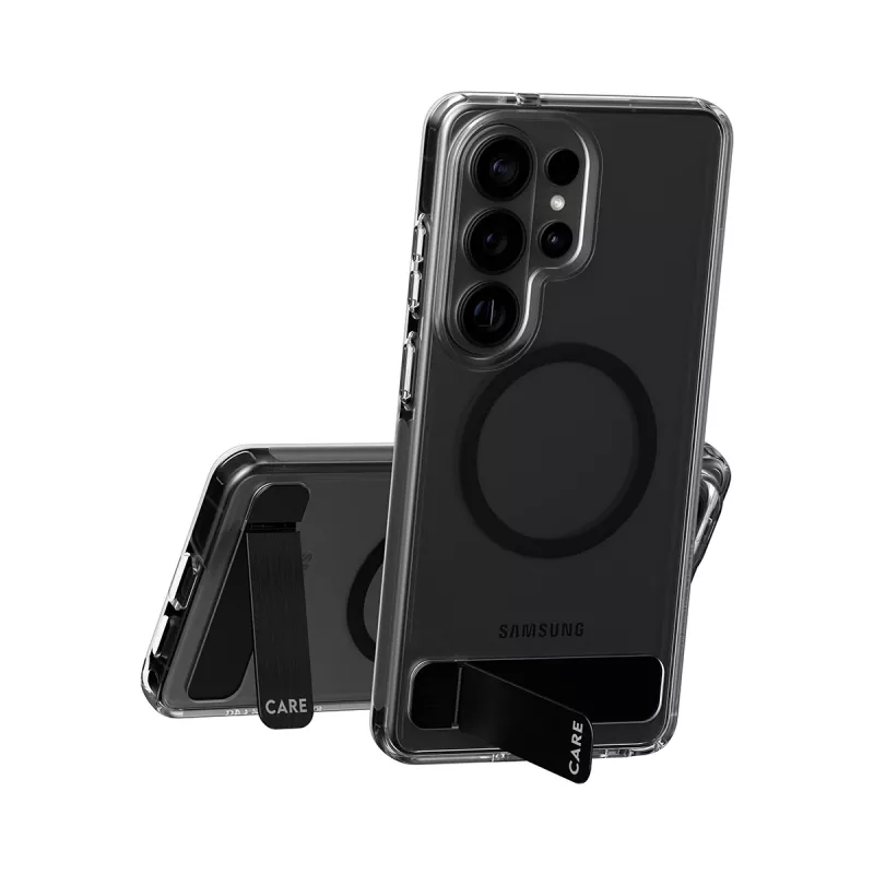 PanzerGlass CARE™ Urban Explorer-ümbris Samsung Galaxy S26 Ultra jaoks — Läbipaistev kate musta tugijala ja Qi toega