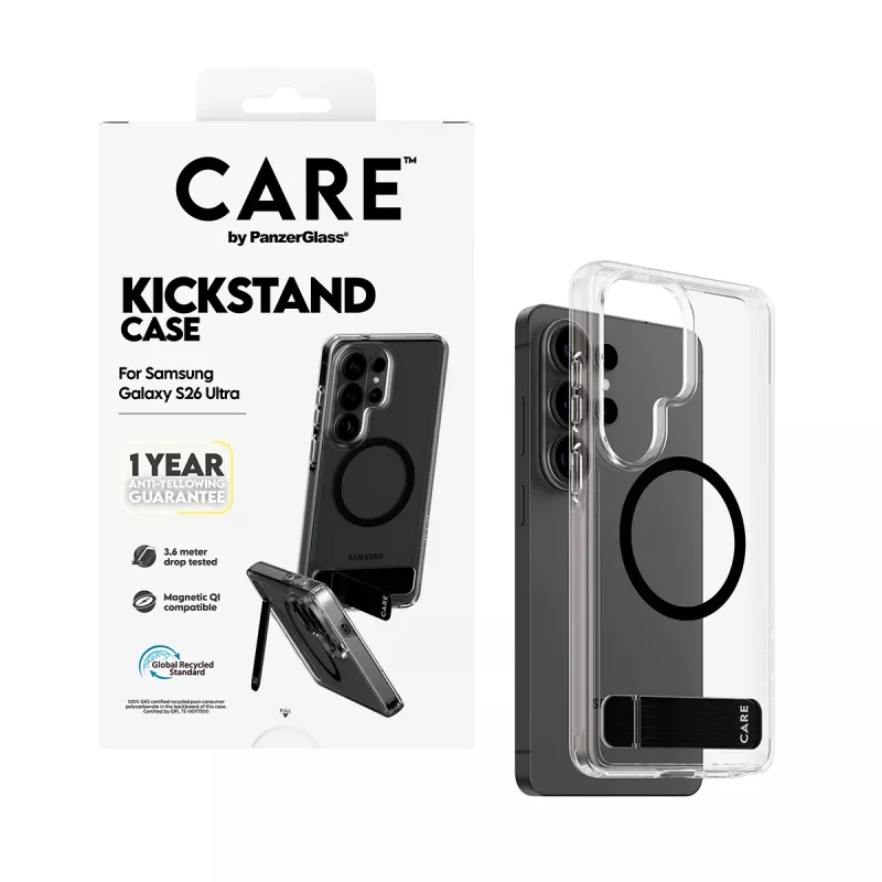 PanzerGlass CARE™ Urban Explorer-ümbris Samsung Galaxy S26 Ultra jaoks — Läbipaistev kate musta tugijala ja Qi toega