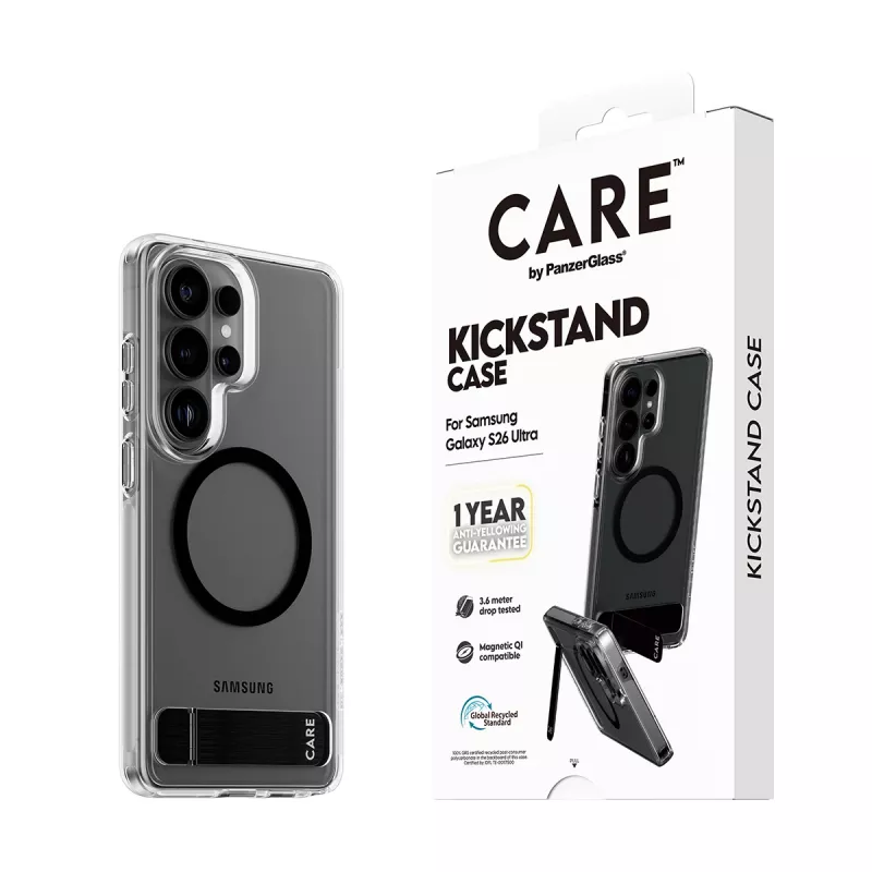 PanzerGlass CARE™ Urban Explorer-ümbris Samsung Galaxy S26 Ultra jaoks — Läbipaistev kate musta tugijala ja Qi toega