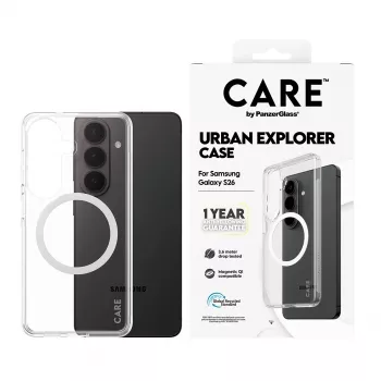 PanzerGlass CARE™ Urban Explorer ümbris Samsung Galaxy S26-le — Läbipaistev kate valge Qi-toega