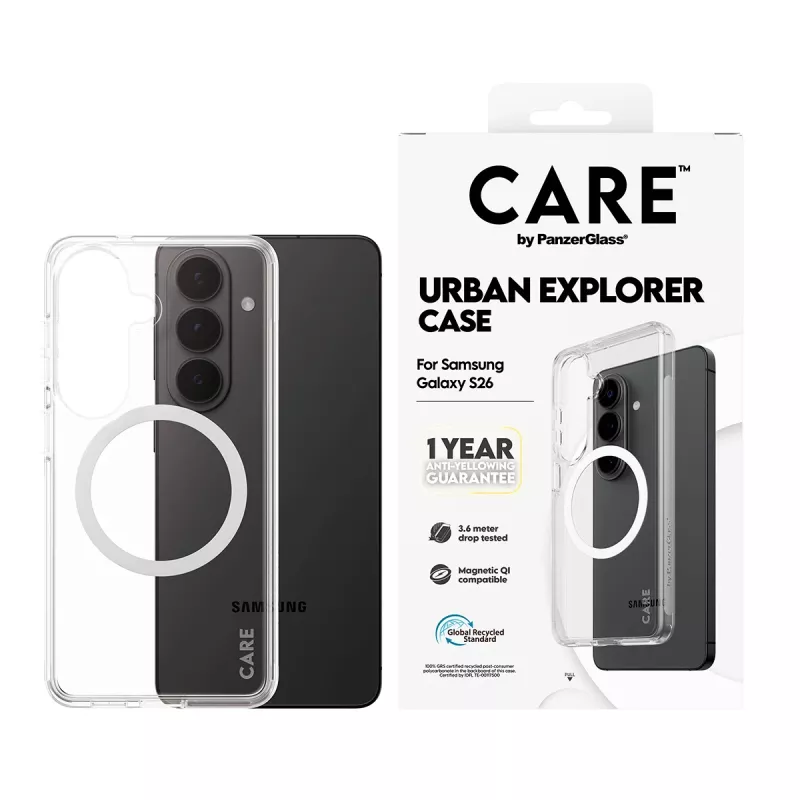 PanzerGlass CARE™ Urban Explorer ümbris Samsung Galaxy S26-le — Läbipaistev kate valge Qi-toega