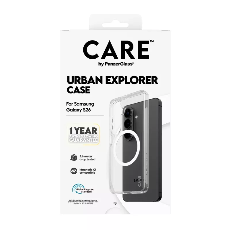 PanzerGlass CARE™ Urban Explorer ümbris Samsung Galaxy S26-le — Läbipaistev kate valge Qi-toega