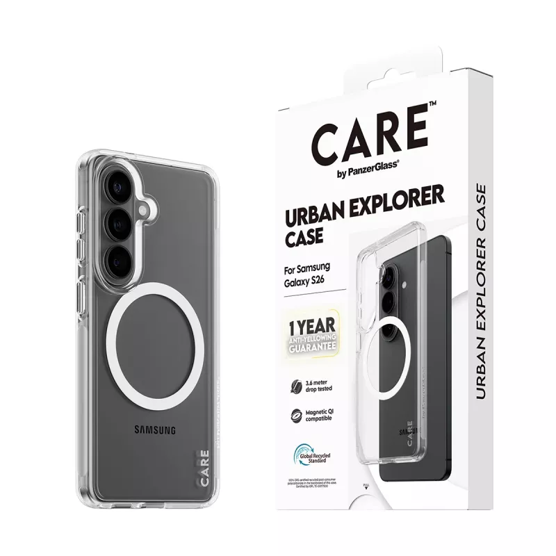 PanzerGlass CARE™ Urban Explorer ümbris Samsung Galaxy S26-le — Läbipaistev kate valge Qi-toega