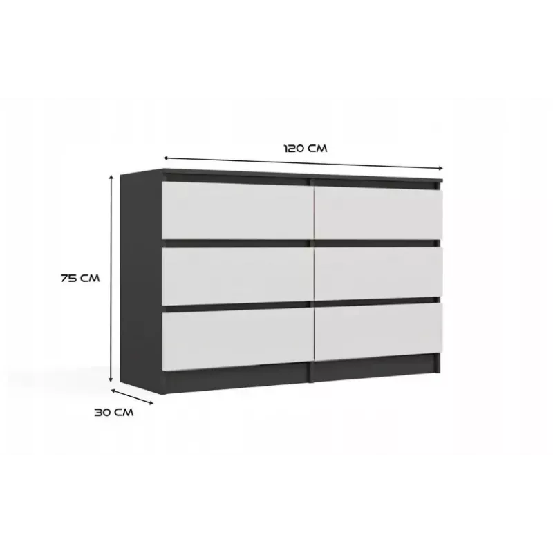 Top E Shop MALWA M6 kummut 120 cm, 6 sahtlit, antratsiitraam, valged esipaneelid