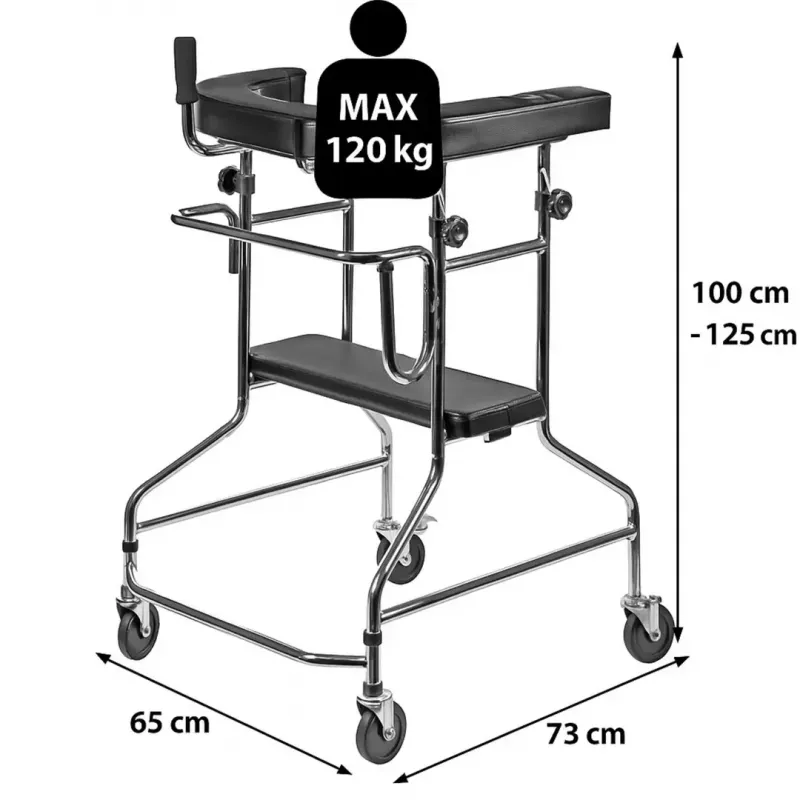 Rehabilitatsiooni kõrge käimisraam ActionMed B200AM — seisutugi istmega, 4 ratast, reguleeritav kõrgus 100–125 cm, maksimaalne koormus 120 kg, raami laius 65 cm
