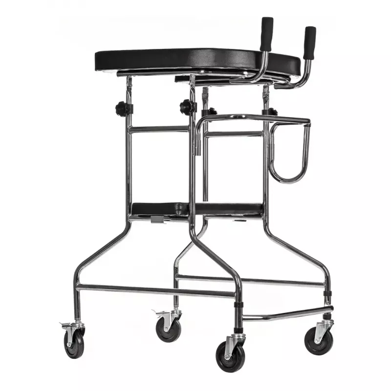 Rehabilitatsiooni kõrge käimisraam ActionMed B200AM — seisutugi istmega, 4 ratast, reguleeritav kõrgus 100–125 cm, maksimaalne koormus 120 kg, raami laius 65 cm