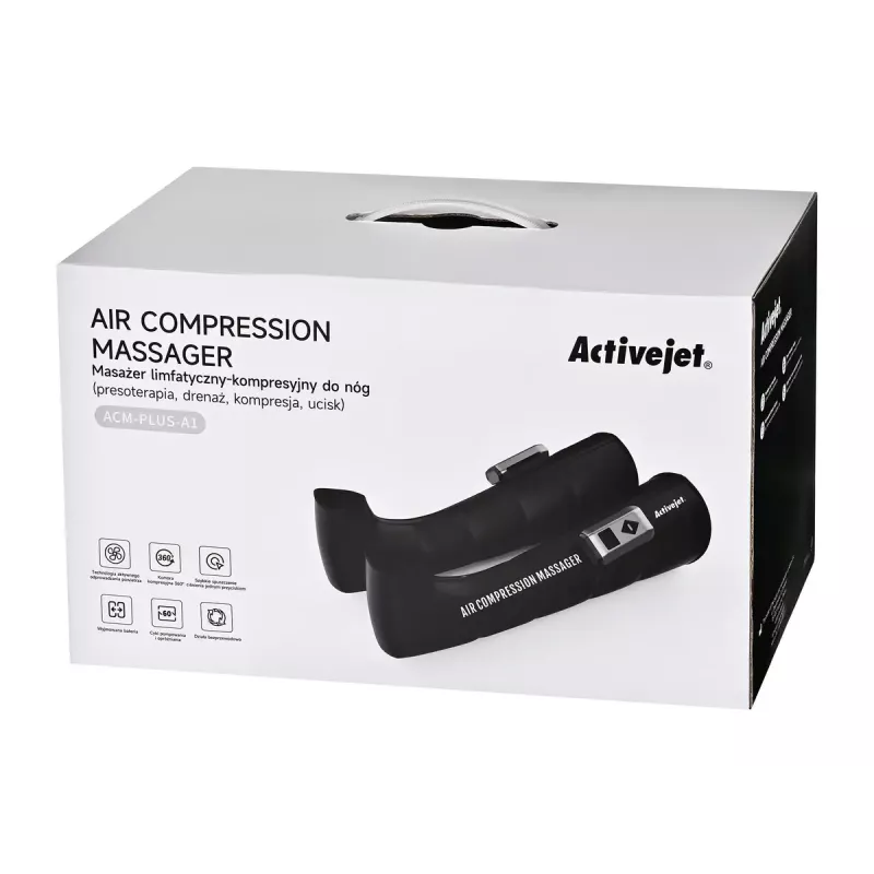 Lümfidrenaažikompressioonimassaažiseade jalgadele ActiveJet ACM-PLUS-A1 S — aku 25 W, sisseehitatud aku, 330×840×60 mm, must/oranž