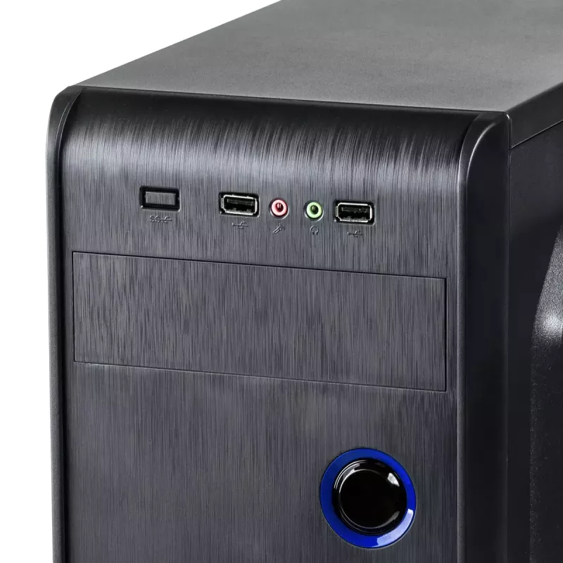 PC-korpus Akyga AK939BL Midi Tower — ATX/Micro-ATX tugi, 3×3,5 tolli + 3×2,5 tolli sahtlit, GPU kuni 385 mm, USB 2.0