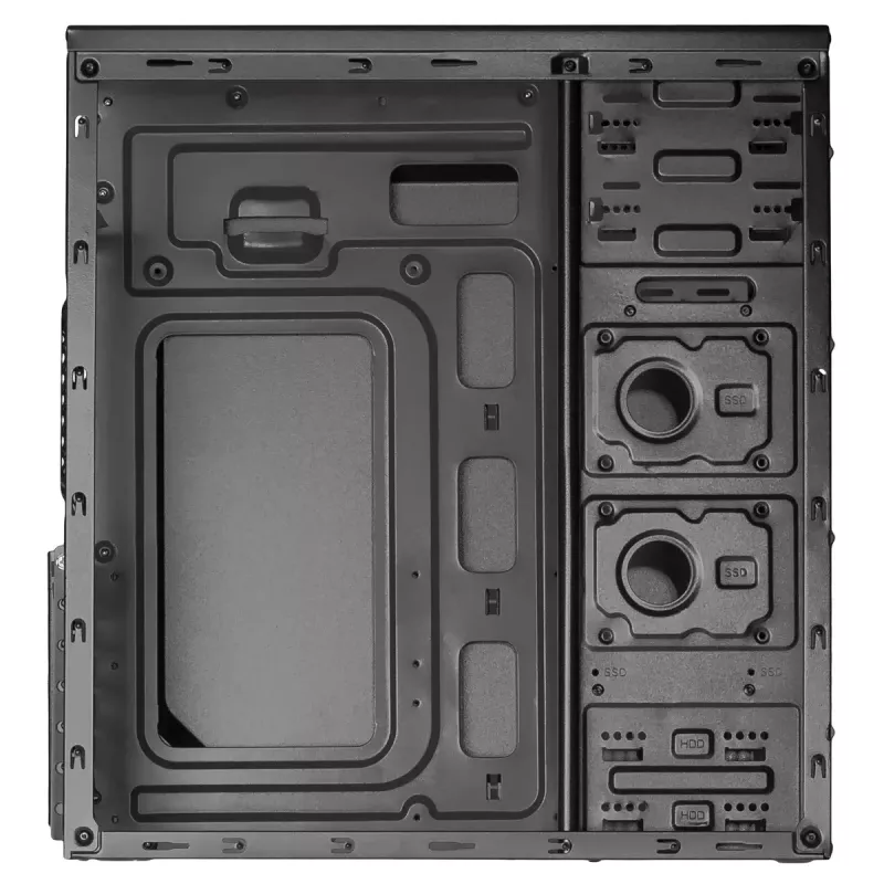 PC-korpus Akyga AK939BL Midi Tower — ATX/Micro-ATX tugi, 3×3,5 tolli + 3×2,5 tolli sahtlit, GPU kuni 385 mm, USB 2.0