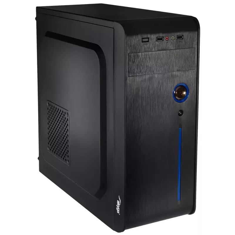 PC-korpus Akyga AK939BL Midi Tower — ATX/Micro-ATX tugi, 3×3,5 tolli + 3×2,5 tolli sahtlit, GPU kuni 385 mm, USB 2.0